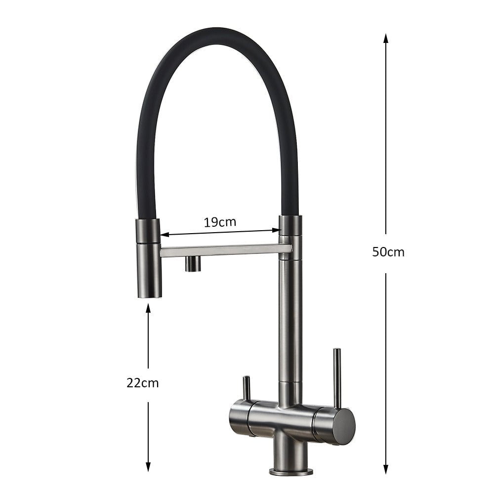 Baterie profesionala de bucatarie, cu dus flexibil, pipa pentru apa filtrata, negru mat