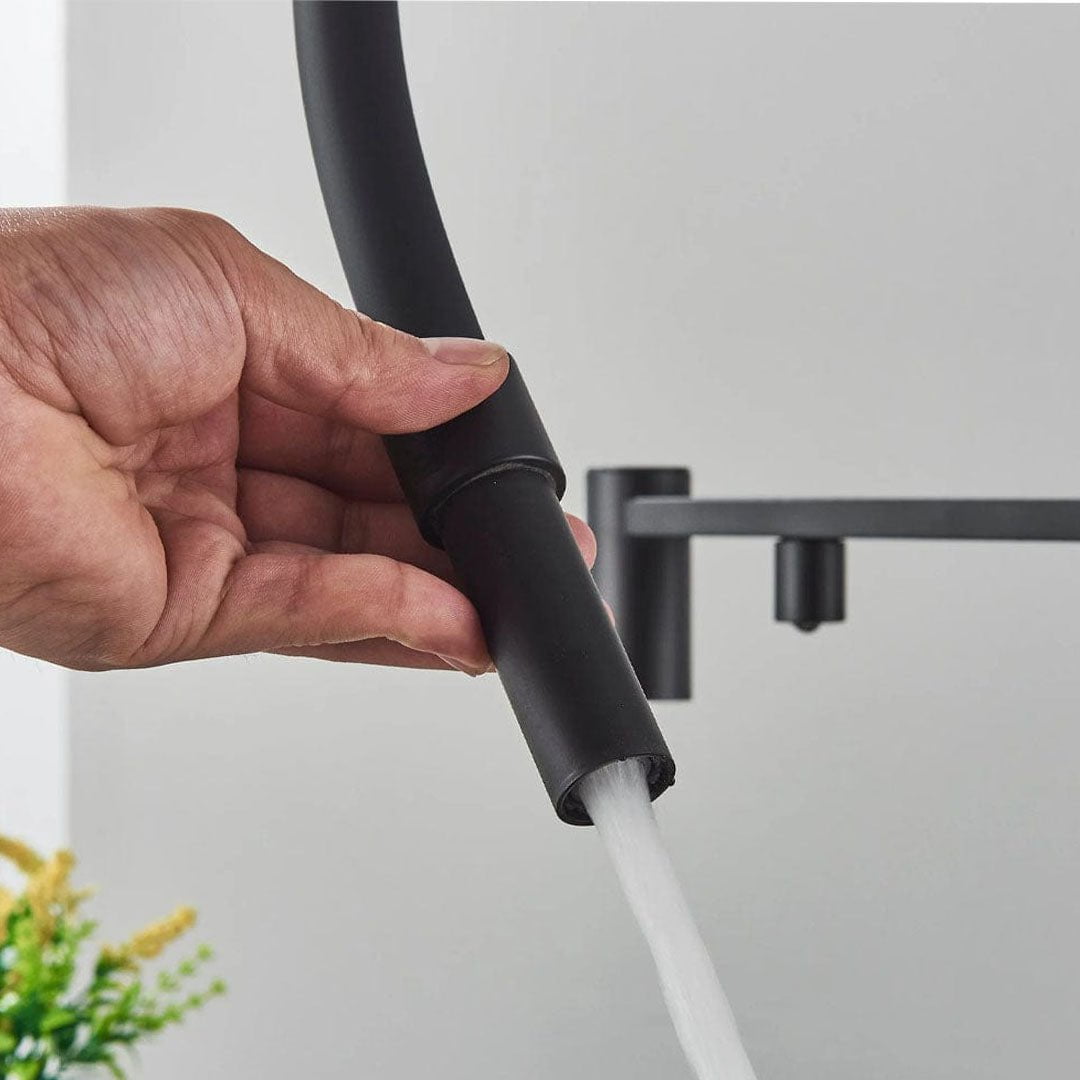 Baterie profesionala de bucatarie, cu dus flexibil, pipa pentru apa filtrata, negru mat