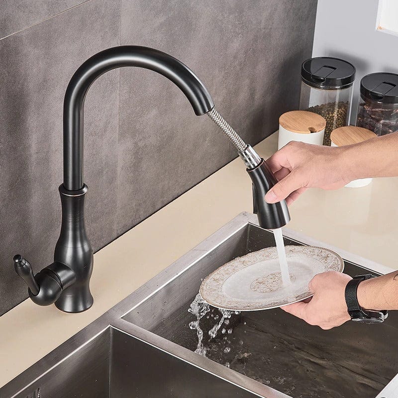 Baterie profesionala de bucatarie, negru cu bronz pe margine cu furtun extractibil si 2 functii de curgere