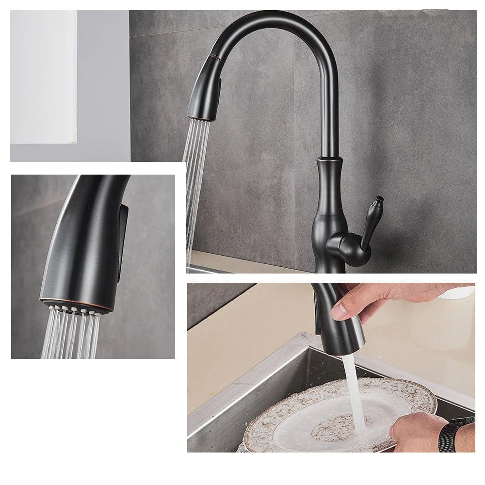 Baterie profesionala de bucatarie, negru cu bronz pe margine cu furtun extractibil si 2 functii de curgere