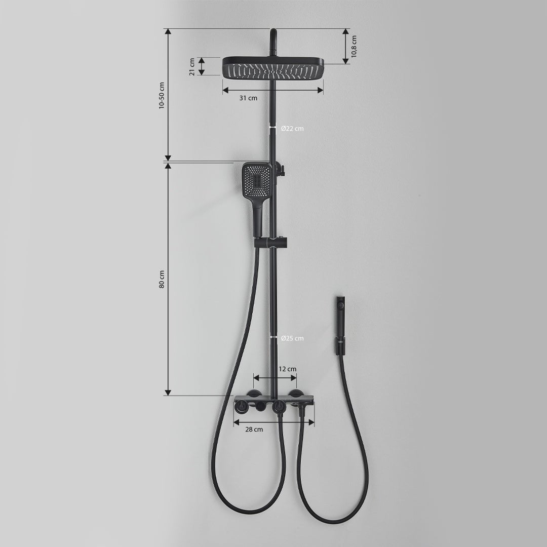 Coloană de duș cu afișaj digital de temperatură, negru mat, cu efect de ploaie