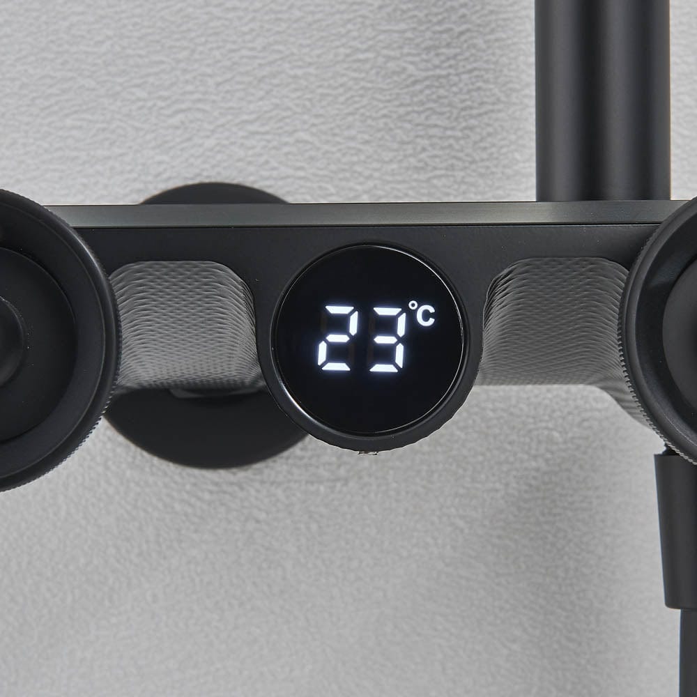 Coloană de duș cu afișaj digital de temperatură, negru mat, cu efect de ploaie
