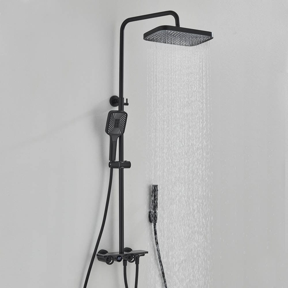 Coloană de duș cu afișaj digital de temperatură, negru mat, cu efect de ploaie