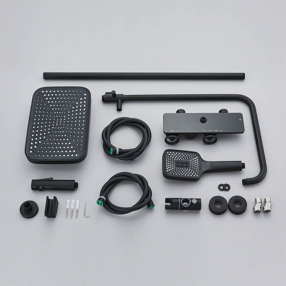 Coloană de duș cu afișaj digital de temperatură, negru mat, cu efect de ploaie