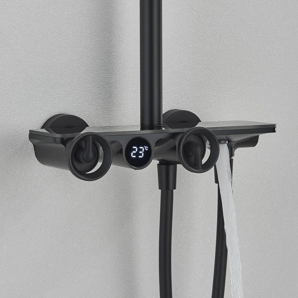 Coloană de duș cu afișaj digital de temperatură, negru mat, cu efect de ploaie