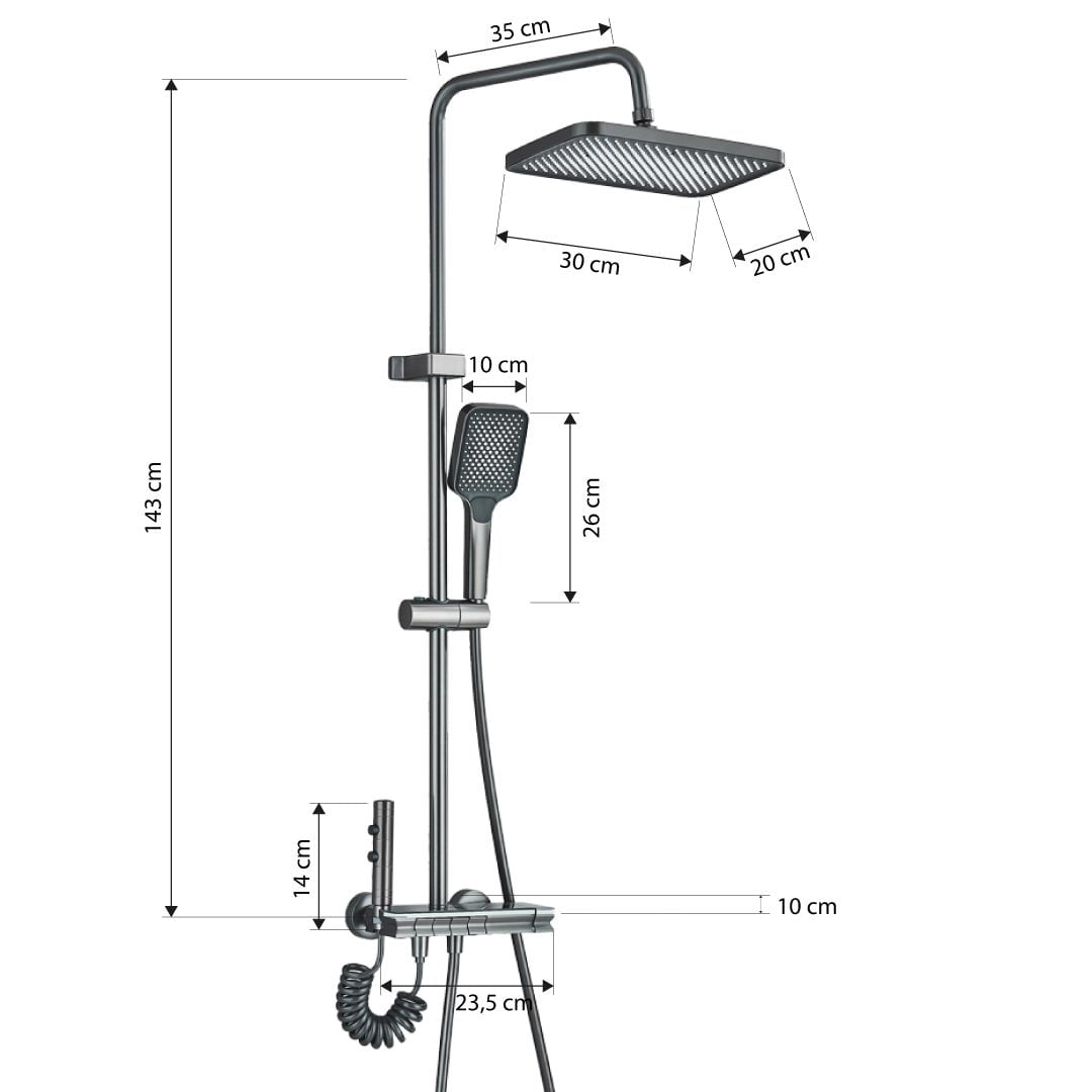Coloană de duș cu afișaj digital și multiple funcții de curgere, gri, cu efect de ploaie