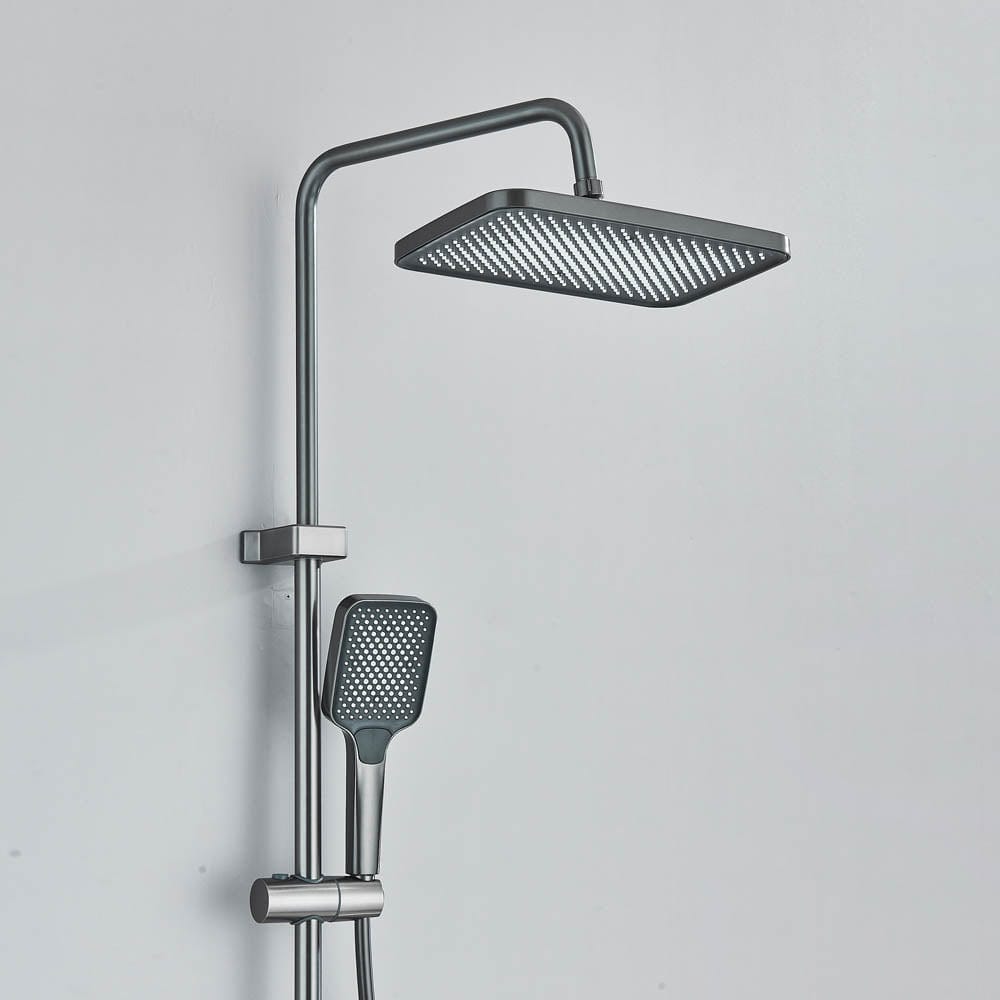 Coloană de duș cu afișaj digital și multiple funcții de curgere, gri, cu efect de ploaie