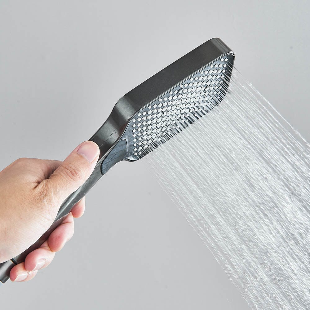 Coloană de duș cu afișaj digital și multiple funcții de curgere, gri, cu efect de ploaie