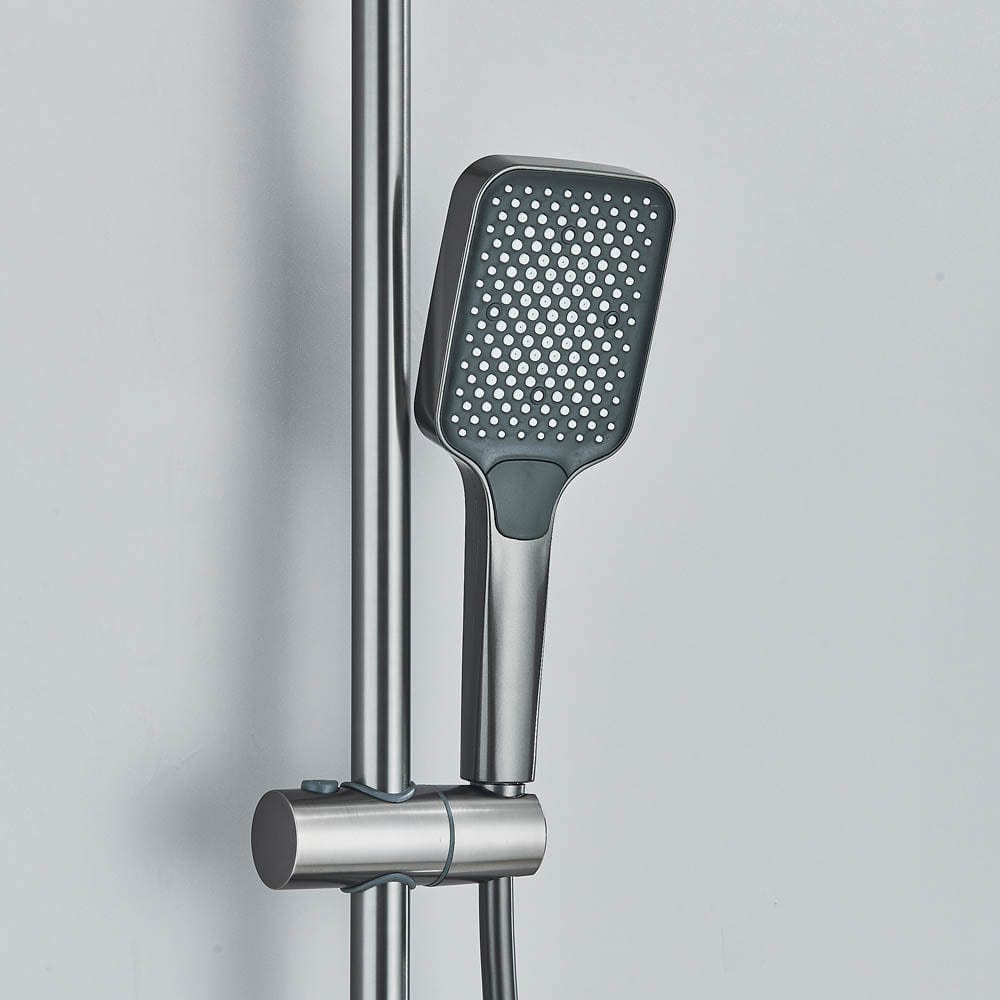 Coloană de duș cu afișaj digital și multiple funcții de curgere, gri, cu efect de ploaie