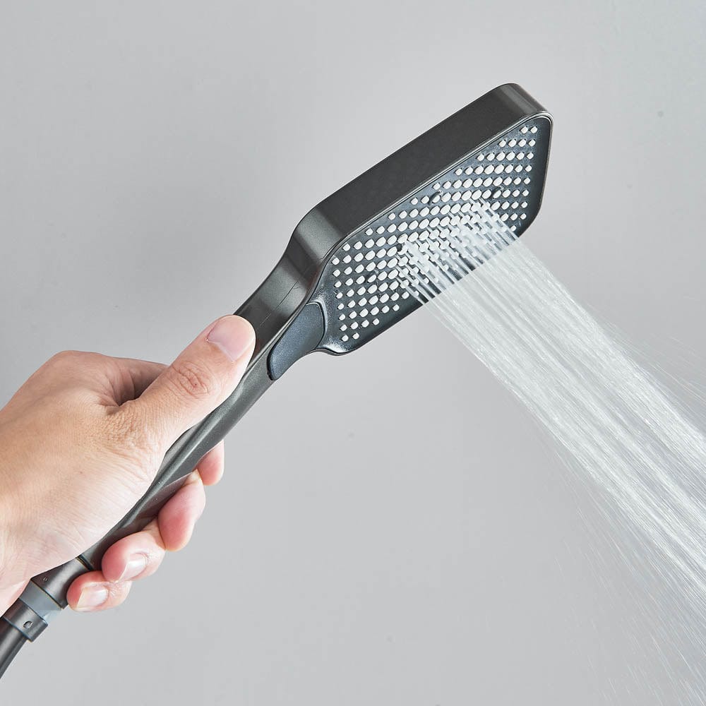 Coloană de duș cu afișaj digital și multiple funcții de curgere, gri, cu efect de ploaie