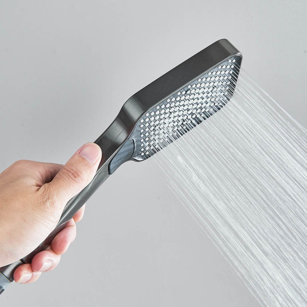 Coloană de duș cu afișaj digital și multiple funcții de curgere, gri, cu efect de ploaie