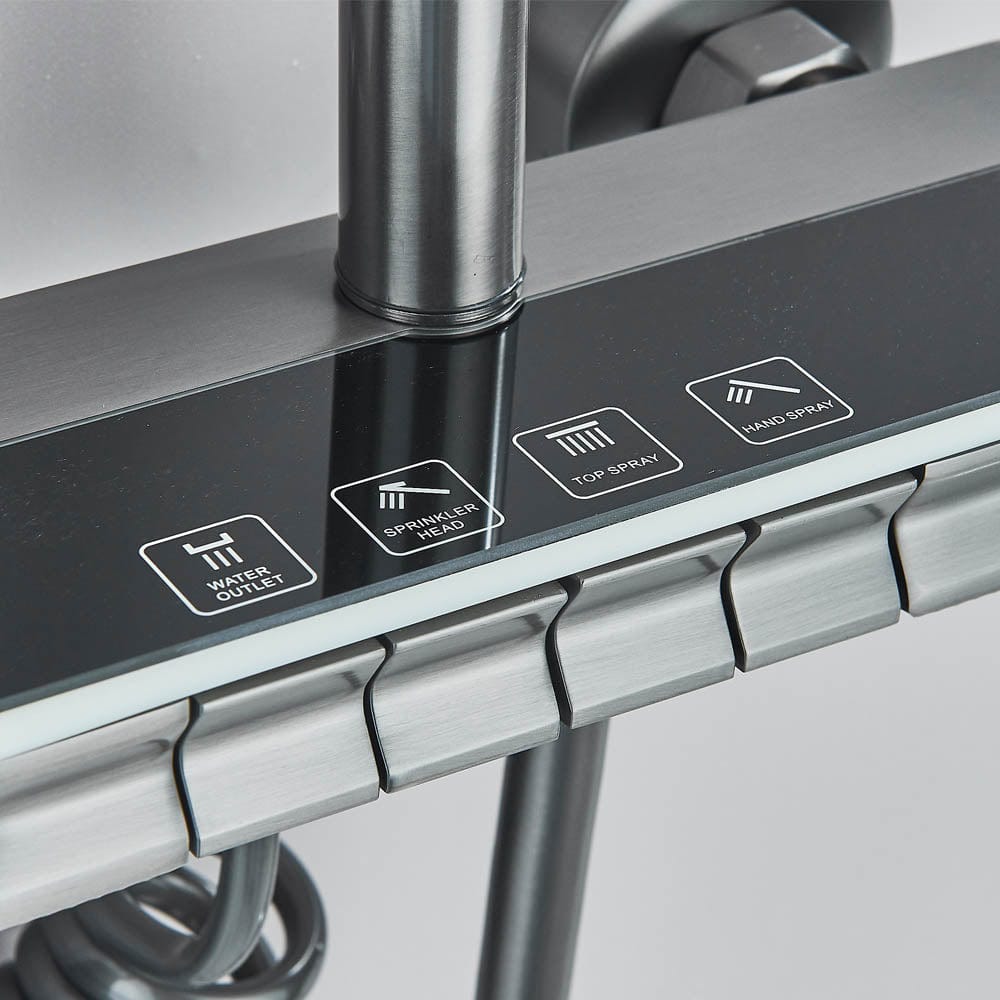 Coloană de duș cu afișaj digital și multiple funcții de curgere, gri, cu efect de ploaie