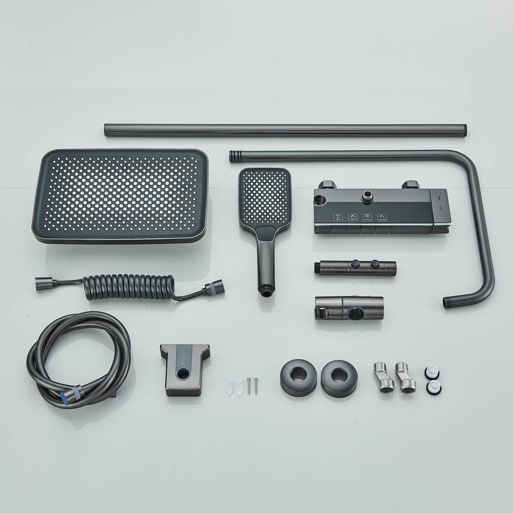 Coloană de duș cu afișaj digital și multiple funcții de curgere, gri, cu efect de ploaie