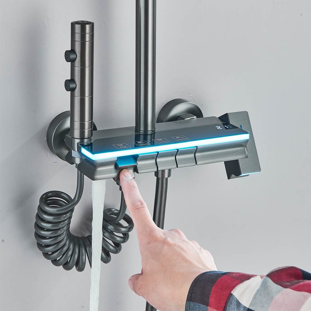 Coloană de duș cu afișaj digital și multiple funcții de curgere, gri, cu efect de ploaie