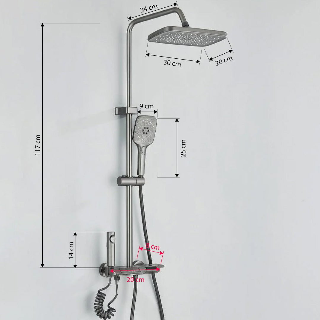 Coloană de duș cu afișaj digital și multiple funcții de curgere, gri, cu efect de ploaie