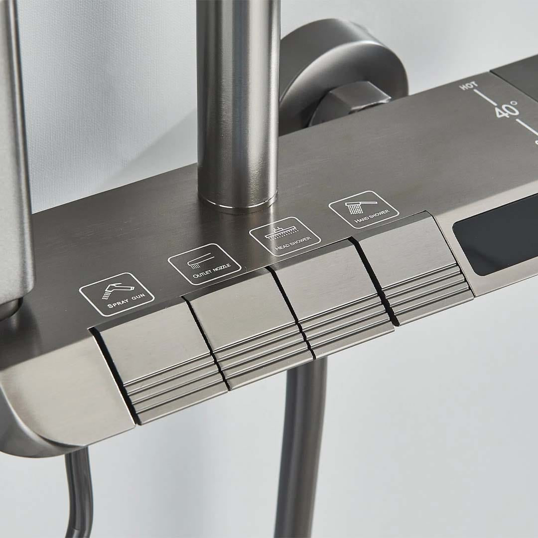 Coloană de duș cu afișaj digital și multiple funcții de curgere, gri, cu efect de ploaie