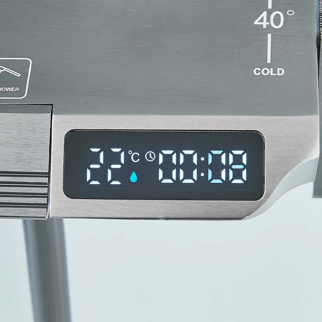 Coloană de duș cu afișaj digital și multiple funcții de curgere, gri, cu efect de ploaie