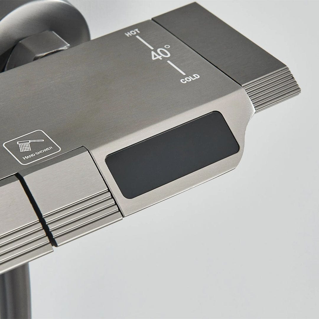 Coloană de duș cu afișaj digital și multiple funcții de curgere, gri, cu efect de ploaie