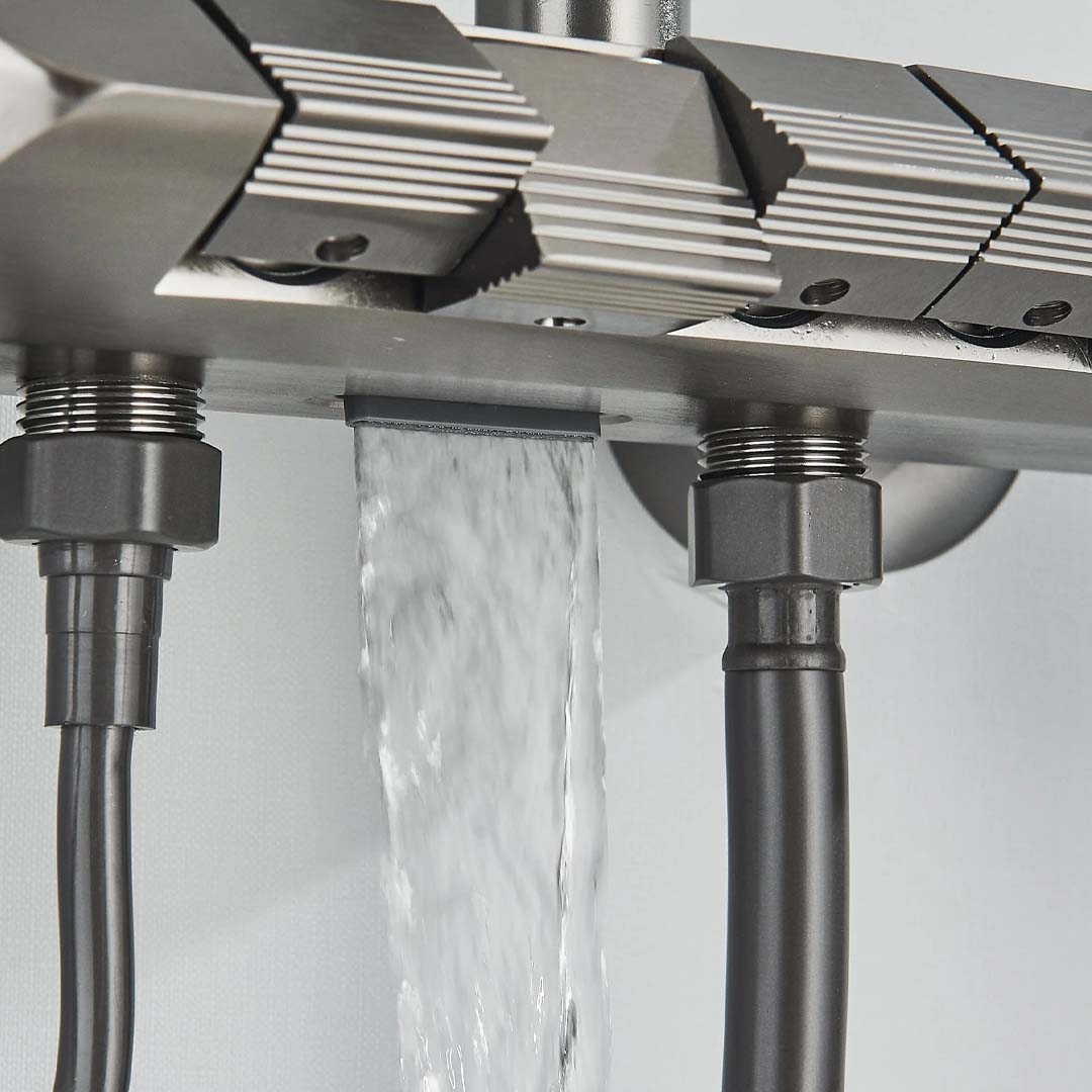 Coloană de duș cu afișaj digital și multiple funcții de curgere, gri, cu efect de ploaie