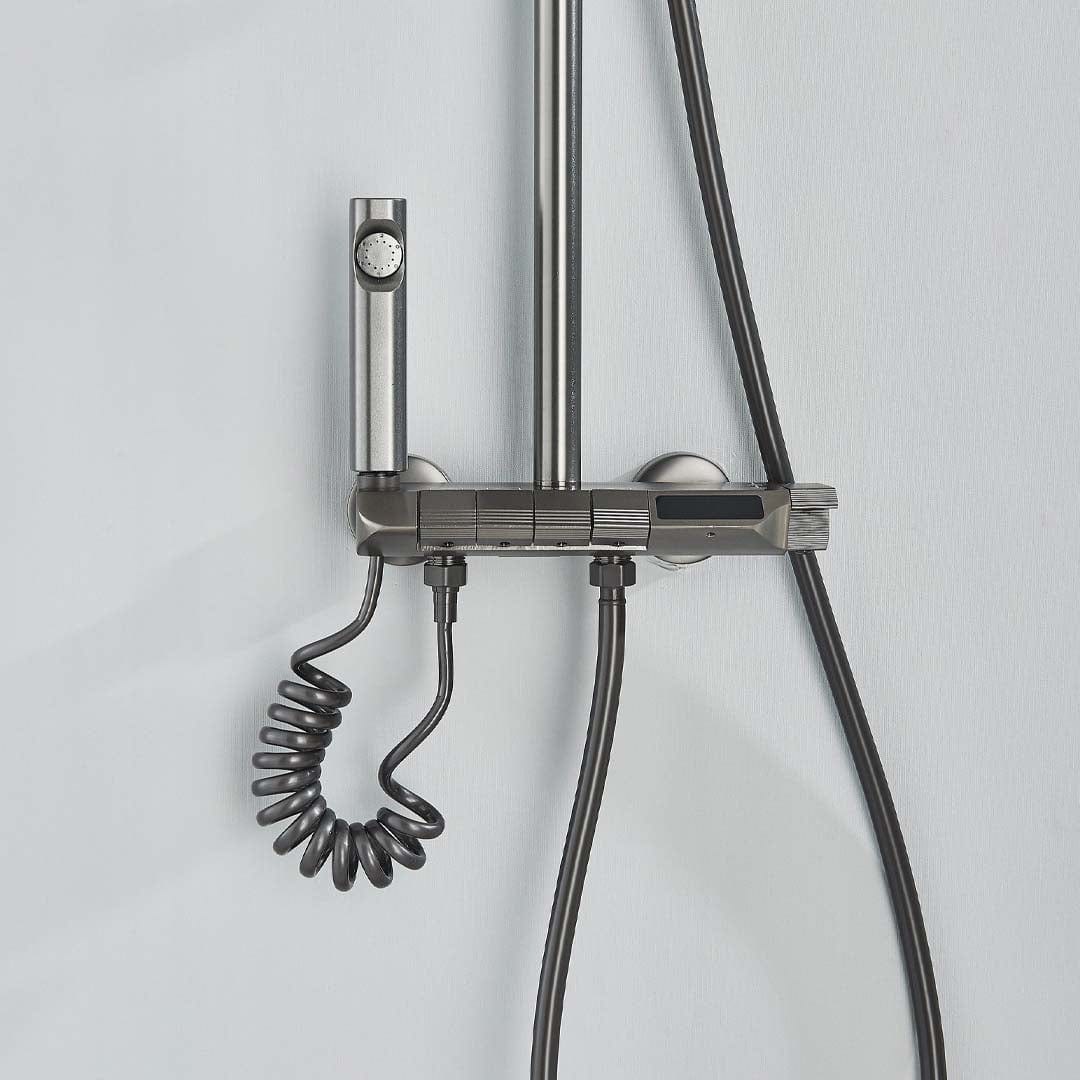 Coloană de duș cu afișaj digital și multiple funcții de curgere, gri, cu efect de ploaie