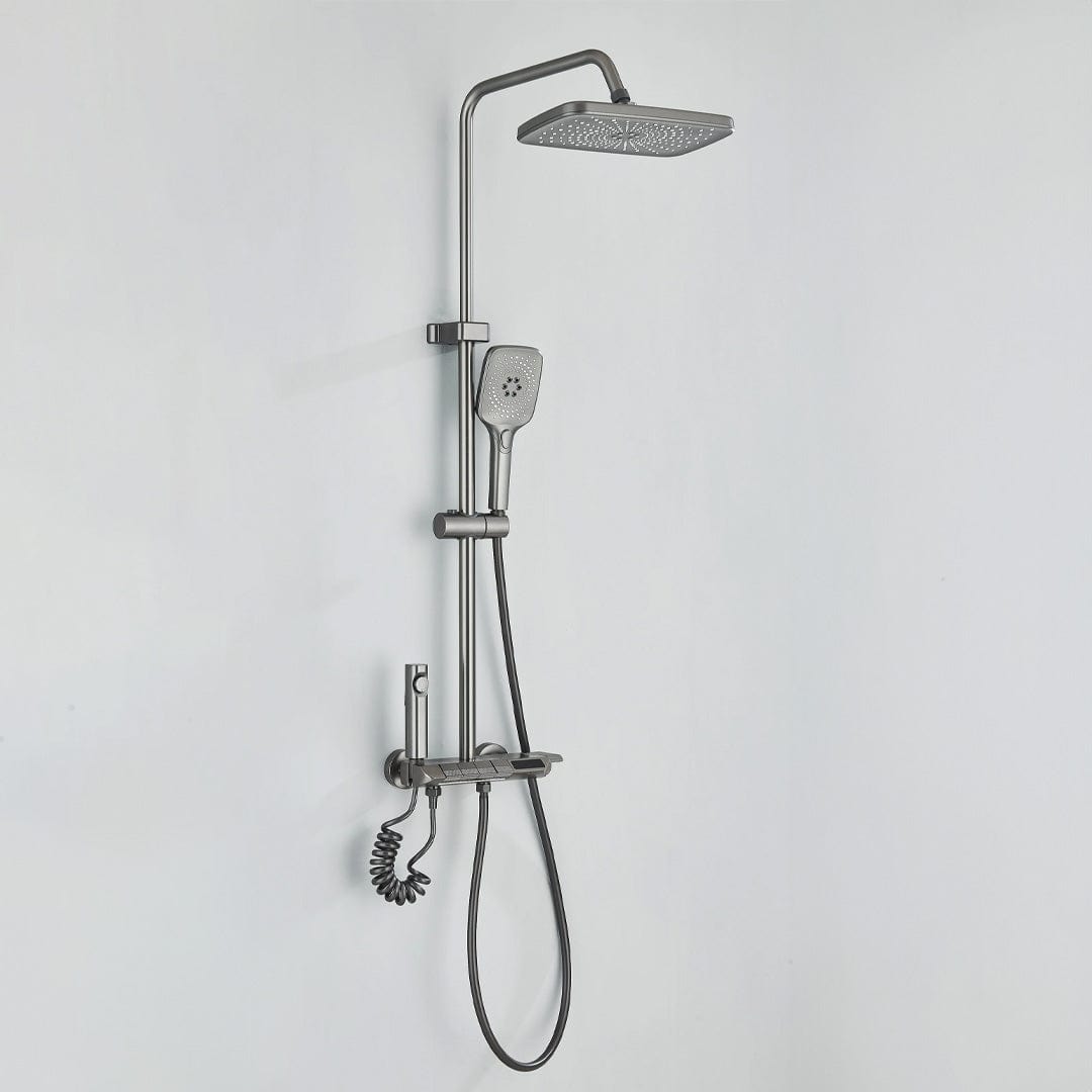 Coloană de duș cu afișaj digital și multiple funcții de curgere, gri, cu efect de ploaie