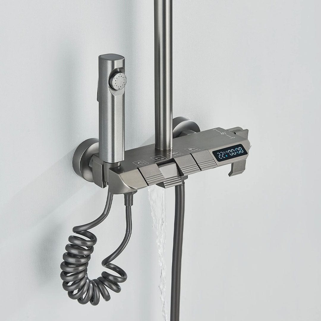 Coloană de duș cu afișaj digital și multiple funcții de curgere, gri, cu efect de ploaie