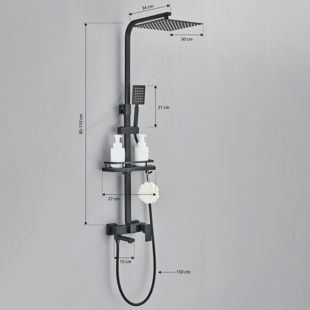 Coloana de dus, cu para patrata si efect de ploaie, negru