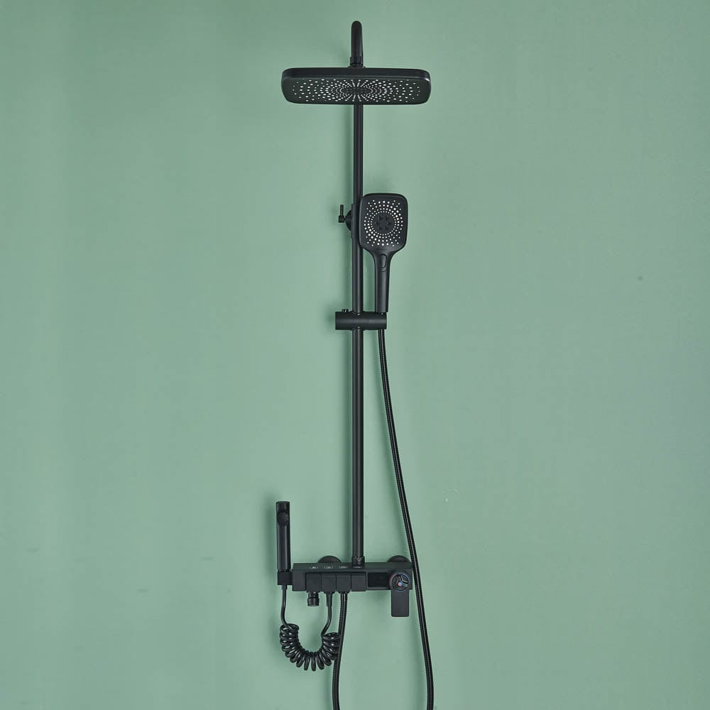Coloană Duș cu termostat și afișaj de temperatură, negru mat, multiple funcții de curgere