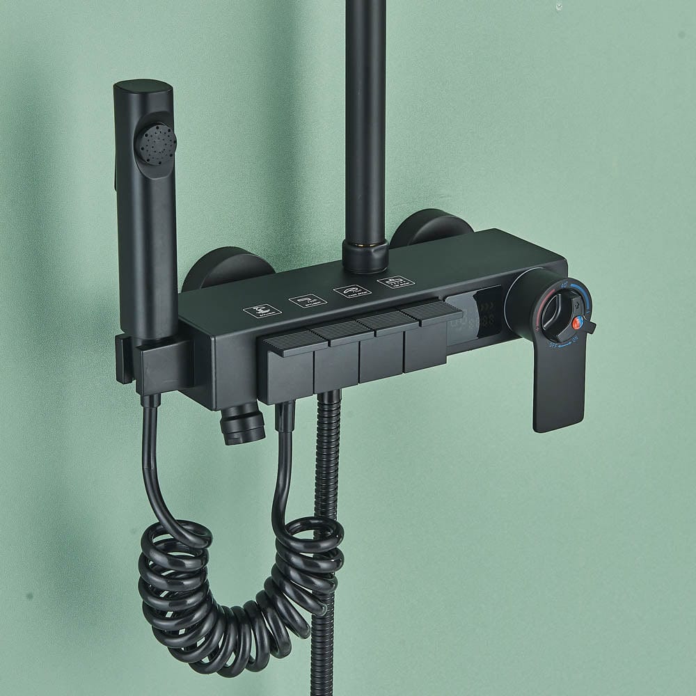 Coloană Duș cu termostat și afișaj de temperatură, negru mat, multiple funcții de curgere