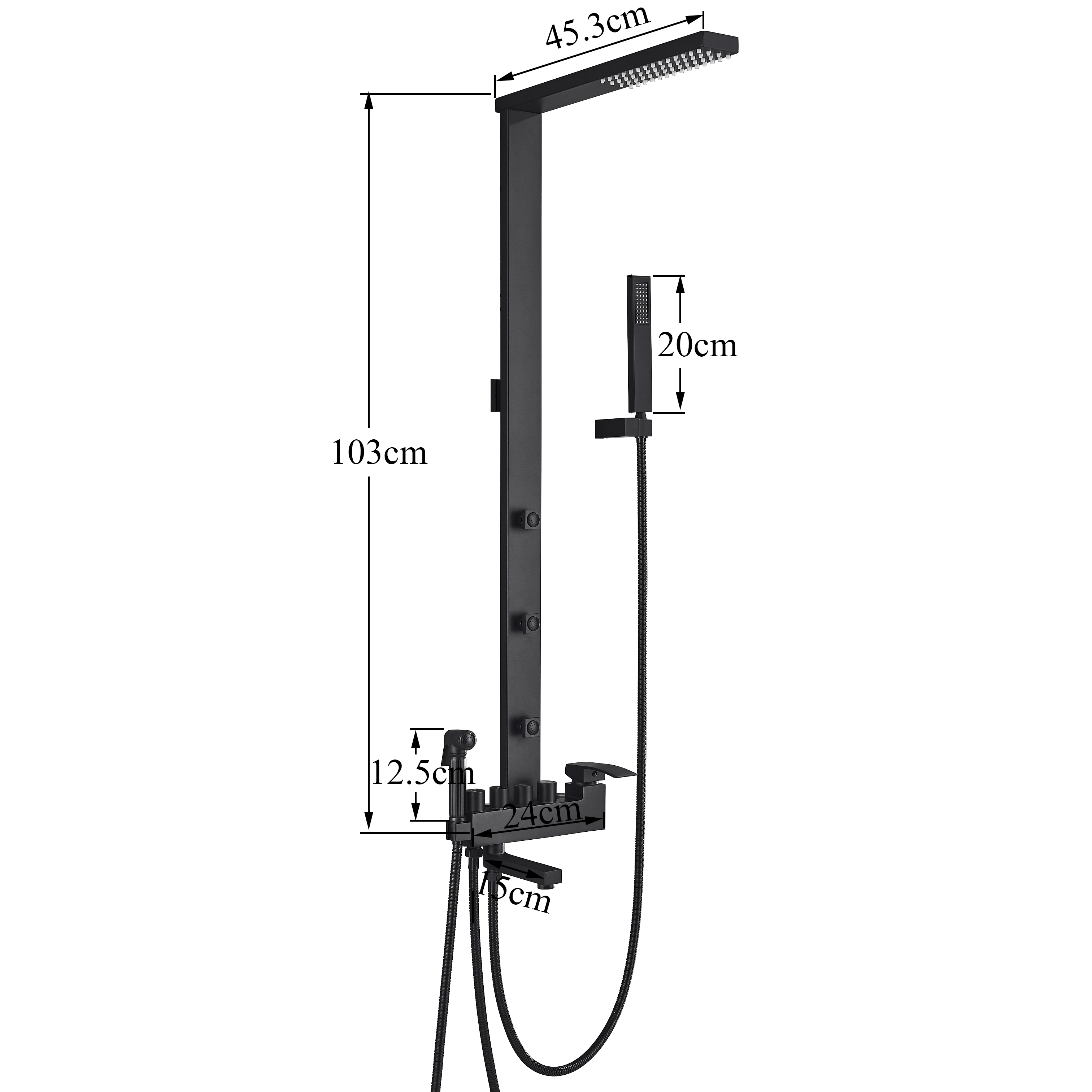 Coloana Dus cadru patrat, cu efect de ploaie, 5 functii de curgere, negru mat