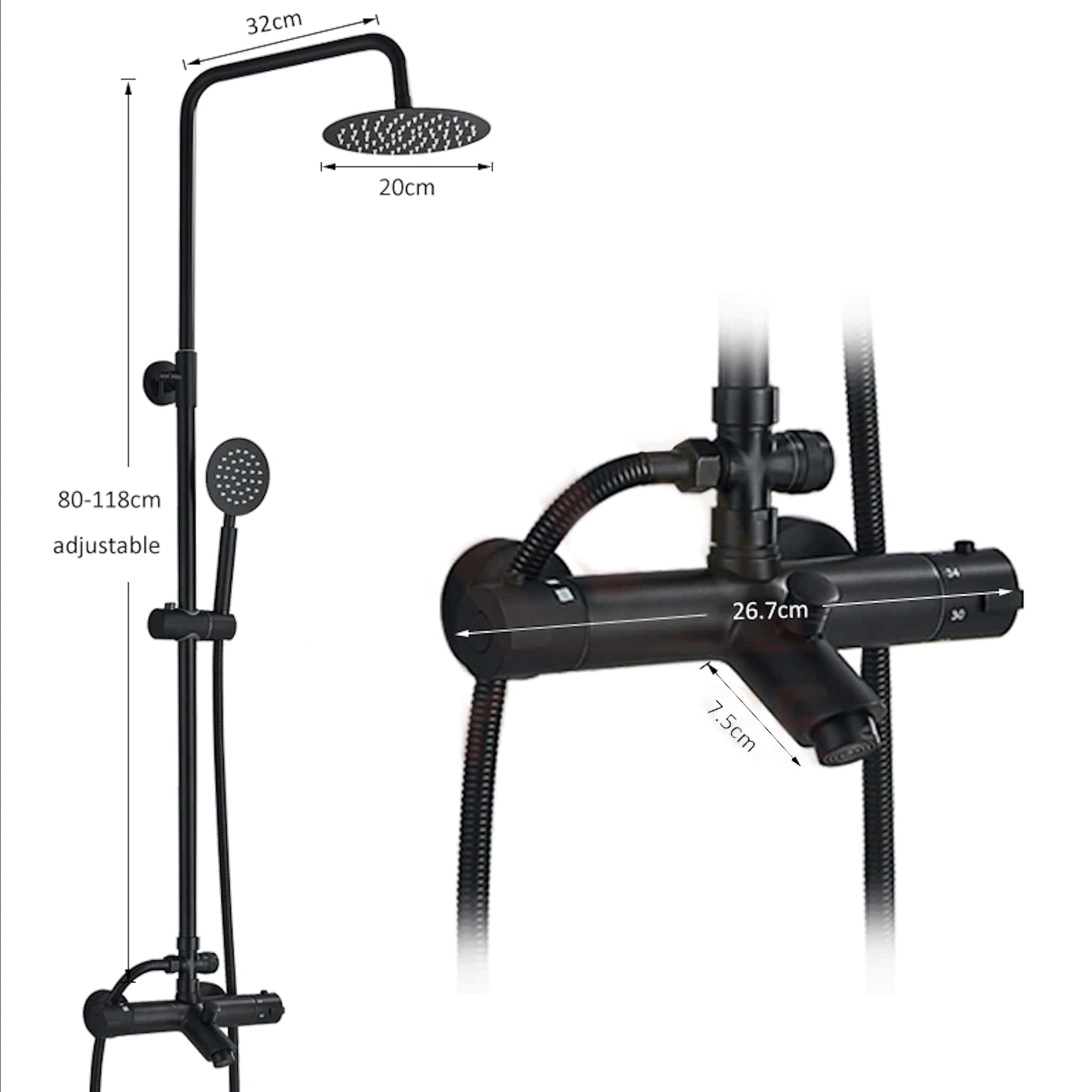 Coloana Dus cu termostat, para rotunda 20 cm si efect de ploaie, negru mat