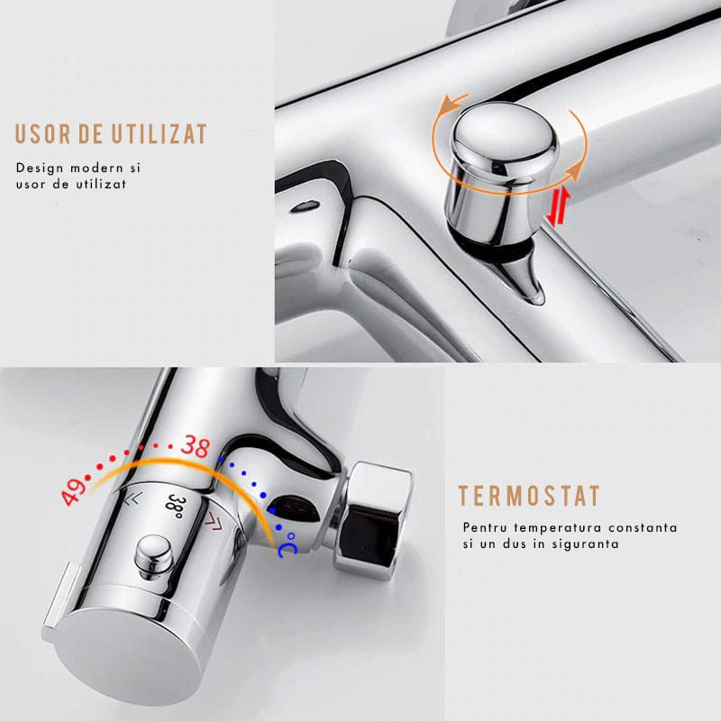 Coloana Dus cu termostat, para rotunda si efect de ploaie, argintiu cromat