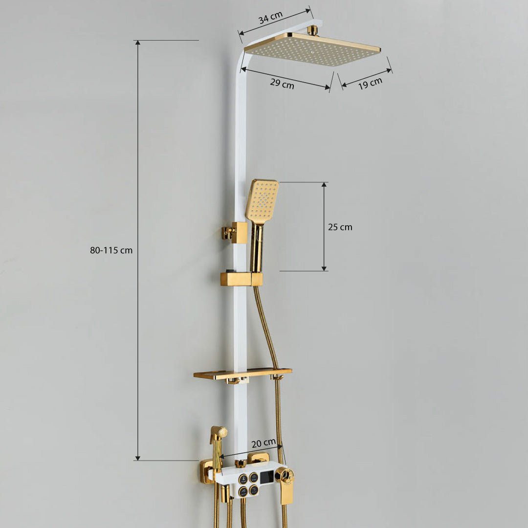 Coloana Dus cu termostat si afisaj de temperatura, alb cu auriu, cu efect de ploaie, 6 functii de curgere