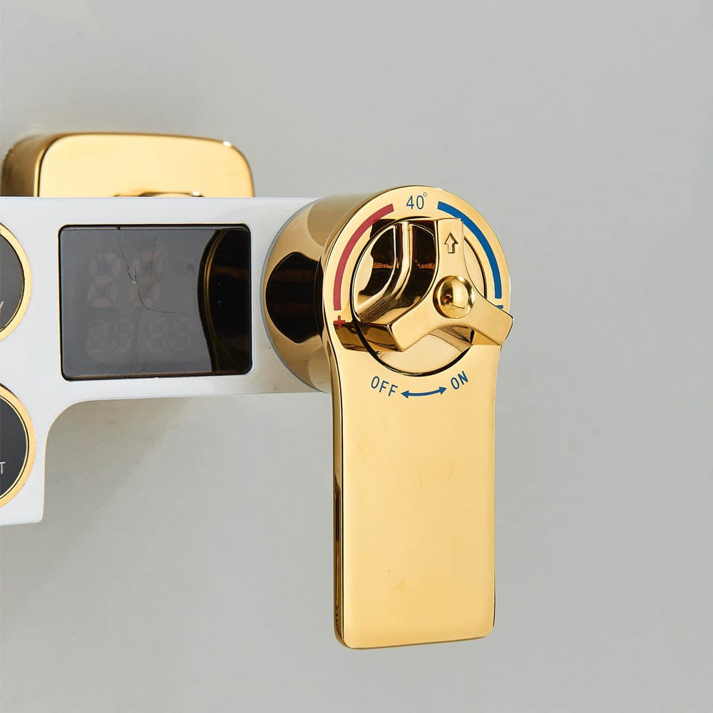 Coloana Dus cu termostat si afisaj de temperatura, alb cu auriu, cu efect de ploaie, 6 functii de curgere