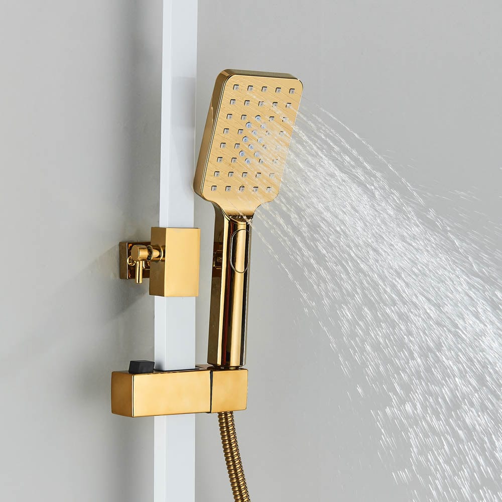 Coloana Dus cu termostat si afisaj de temperatura, alb cu auriu, cu efect de ploaie, 6 functii de curgere