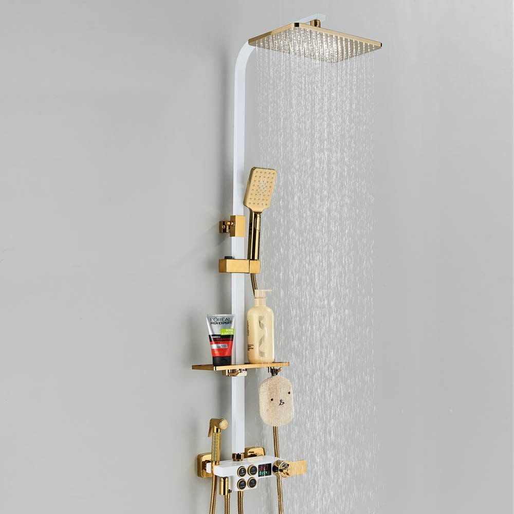 Coloana Dus cu termostat si afisaj de temperatura, alb cu auriu, cu efect de ploaie, 6 functii de curgere