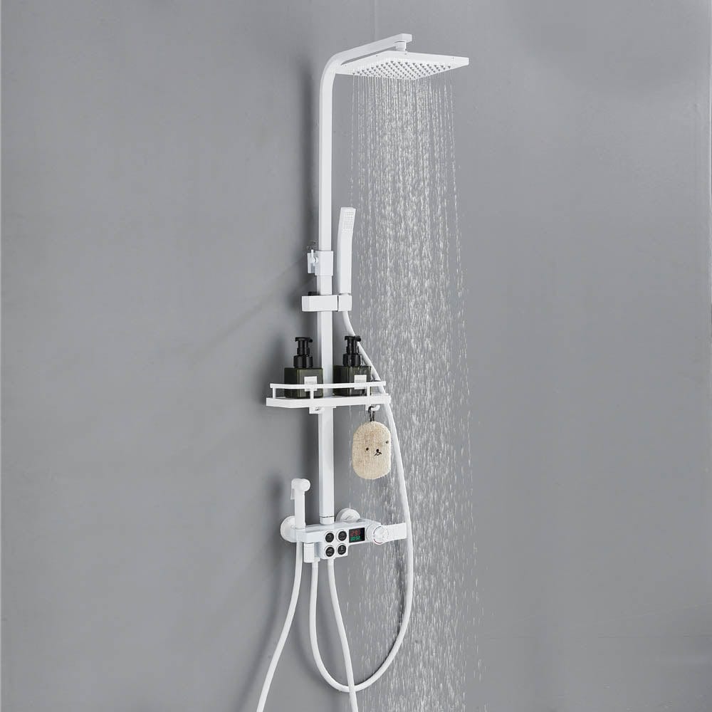 Coloana Dus cu termostat si afisaj de temperatura, alb, cu efect de ploaie, 6 functii de curgere