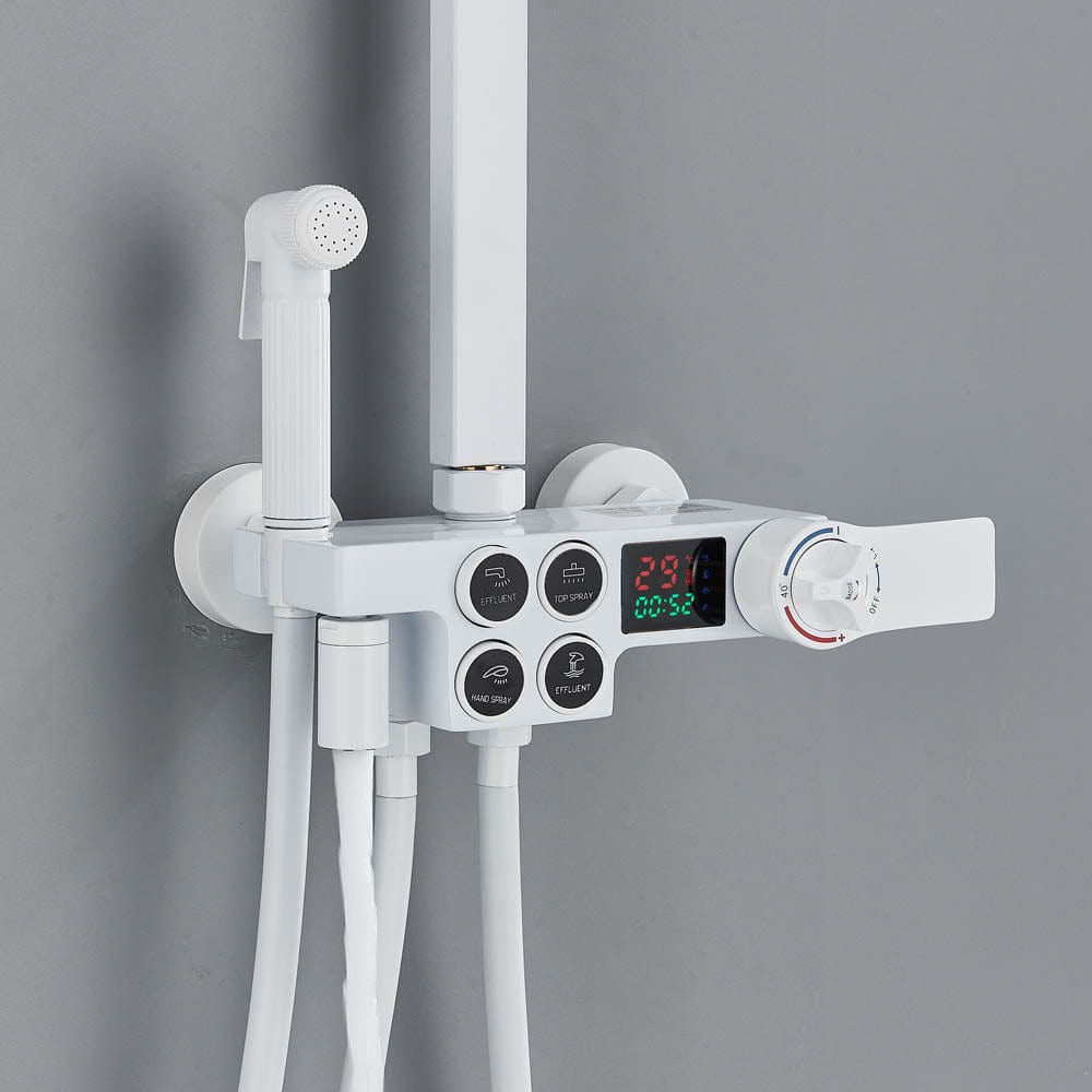 Coloana Dus cu termostat si afisaj de temperatura, alb, cu efect de ploaie, 6 functii de curgere