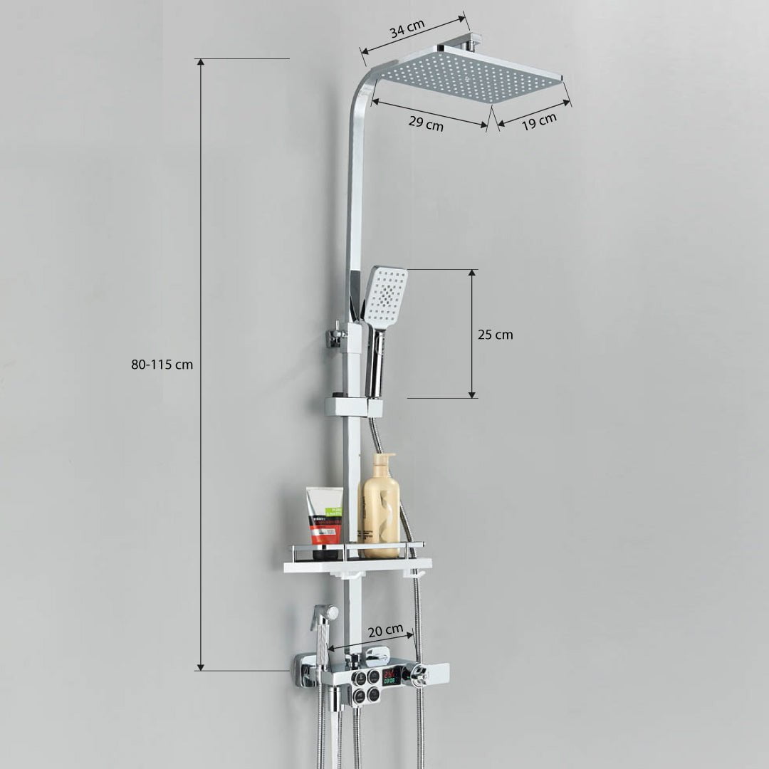 Coloana Dus cu termostat si afisaj de temperatura, argintiu lucios, cu efect de ploaie, 6 functii de curgere