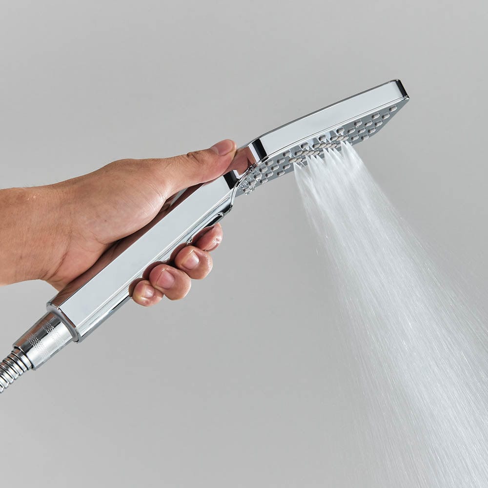 Coloana Dus cu termostat si afisaj de temperatura, argintiu lucios, cu efect de ploaie, 6 functii de curgere