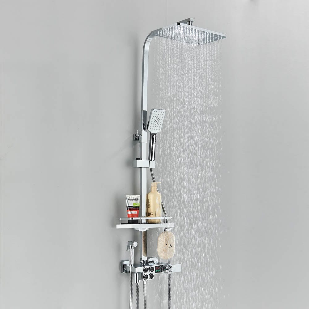 Coloana Dus cu termostat si afisaj de temperatura, argintiu lucios, cu efect de ploaie, 6 functii de curgere