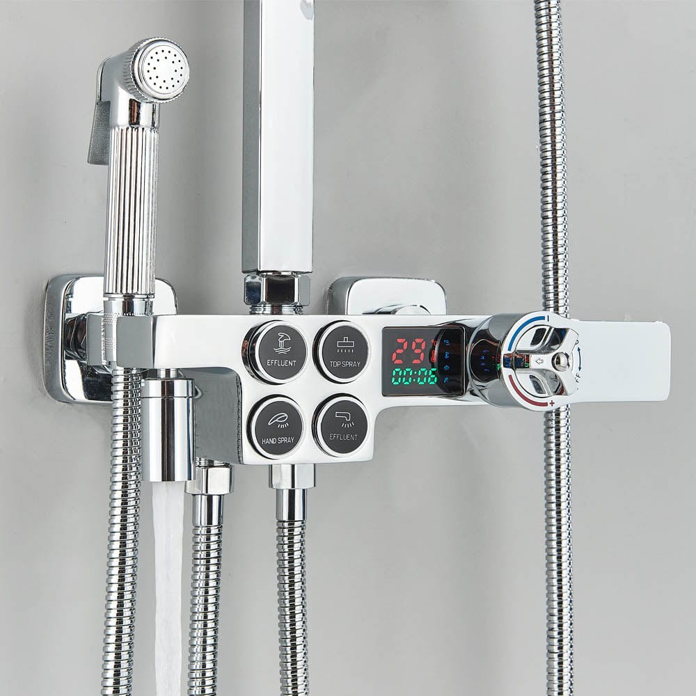 Coloana Dus cu termostat si afisaj de temperatura, argintiu lucios, cu efect de ploaie, 6 functii de curgere
