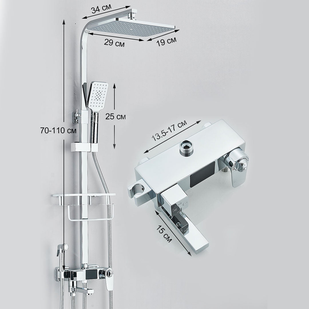 Coloana Dus cu termostat si afisaj de temperatura, cu efect de ploaie, 5 functii de curgere, argintiu