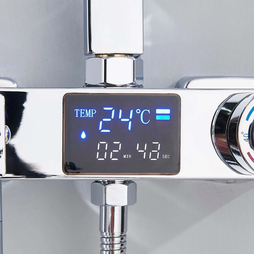 Coloana Dus cu termostat si afisaj de temperatura, cu efect de ploaie, 5 functii de curgere, argintiu