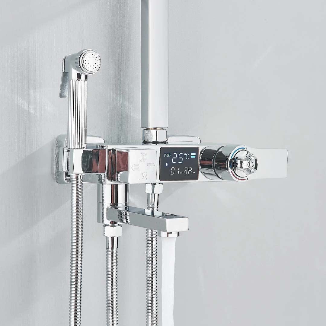 Coloana Dus cu termostat si afisaj de temperatura, cu efect de ploaie, 5 functii de curgere, argintiu