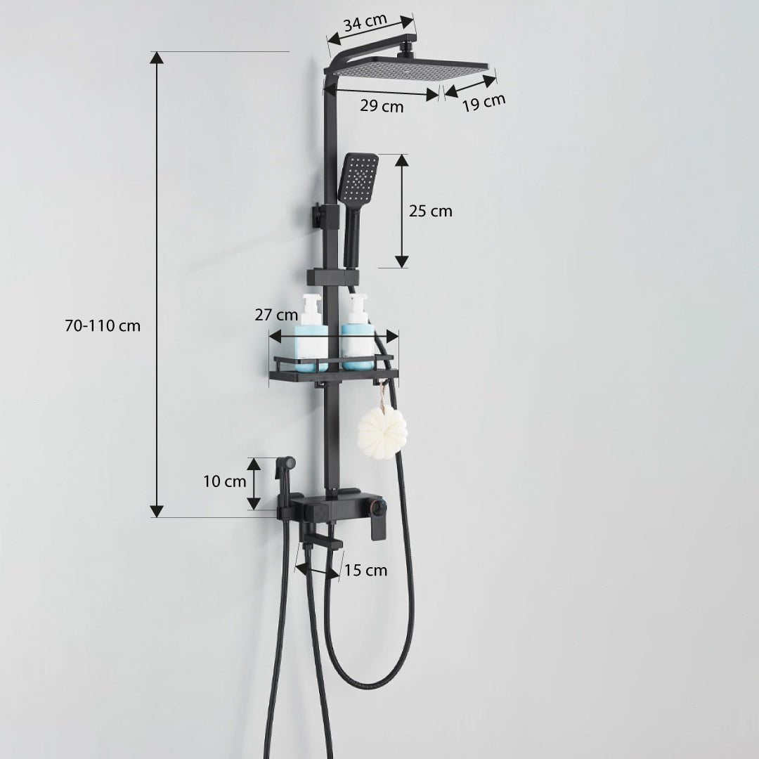 Coloana Dus cu termostat si afisaj de temperatura, cu efect de ploaie, 5 functii de curgere, negru mat