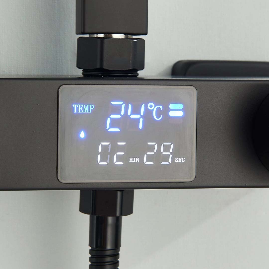 Coloana Dus cu termostat si afisaj de temperatura, cu efect de ploaie, 5 functii de curgere, negru mat