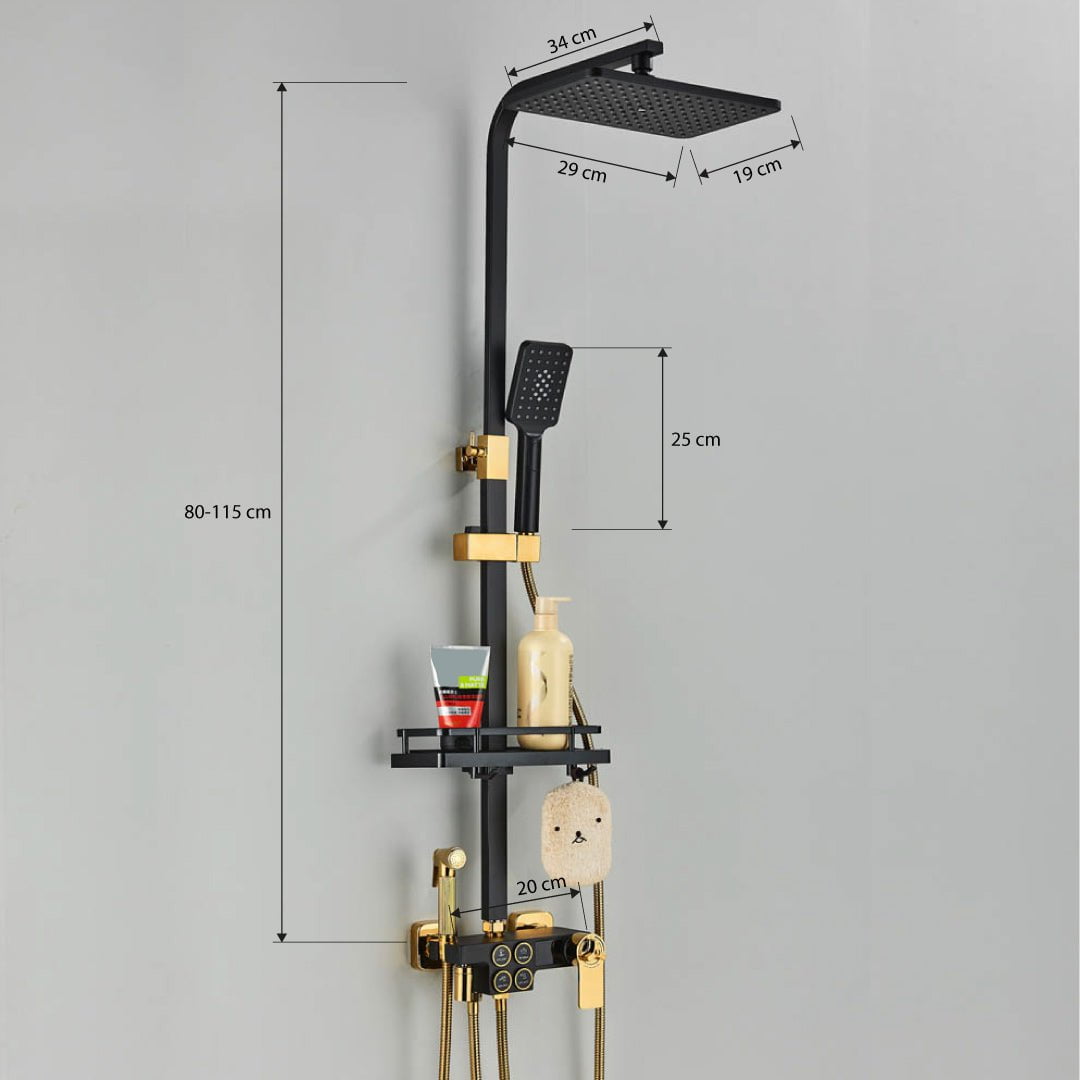 Coloana Dus cu termostat si afisaj de temperatura, negru cu auriu, cu efect de ploaie, 6 functii de curgere