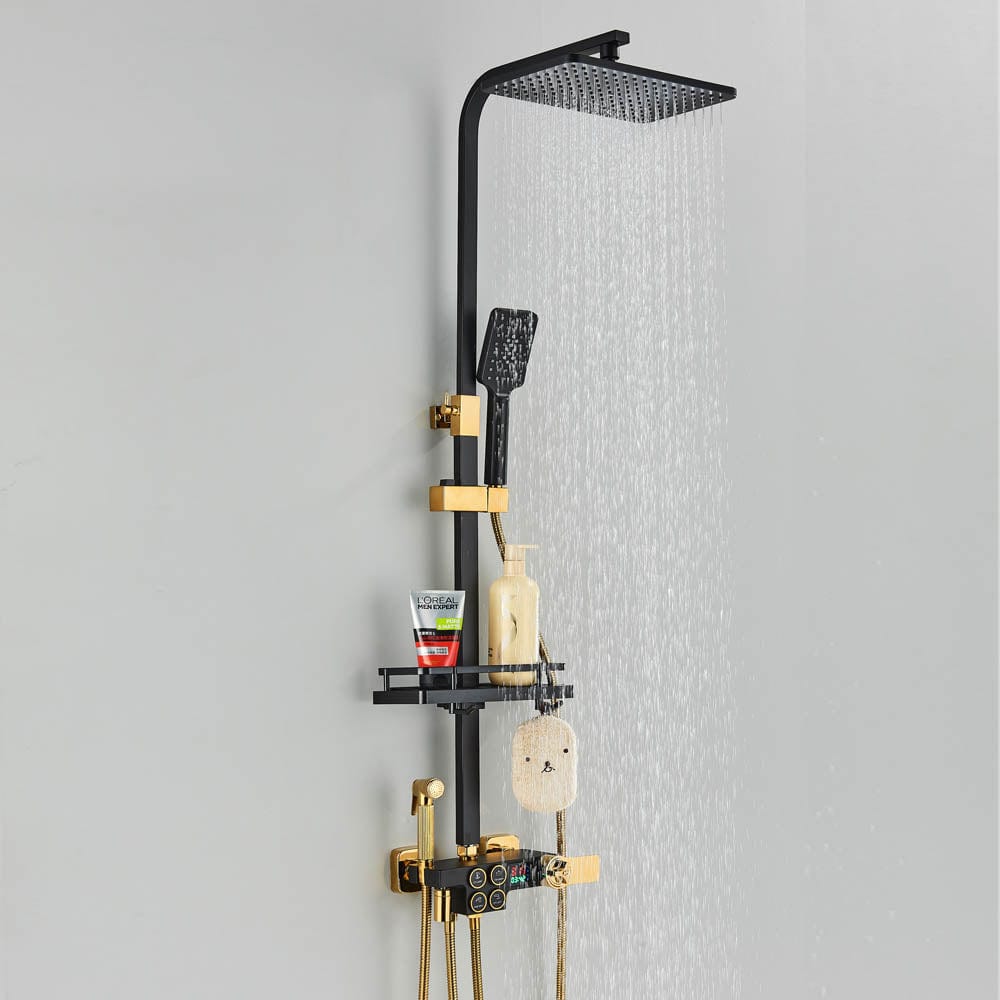 Coloana Dus cu termostat si afisaj de temperatura, negru cu auriu, cu efect de ploaie, 6 functii de curgere