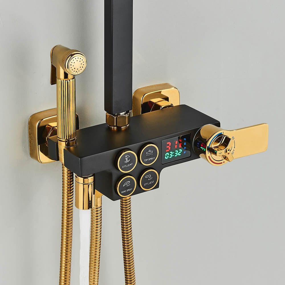 Coloana Dus cu termostat si afisaj de temperatura, negru cu auriu, cu efect de ploaie, 6 functii de curgere